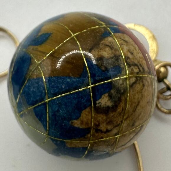 Vintage gold plated semiprecious gemstones inlay globe earth hook drop earrings - Picture 5 of 8